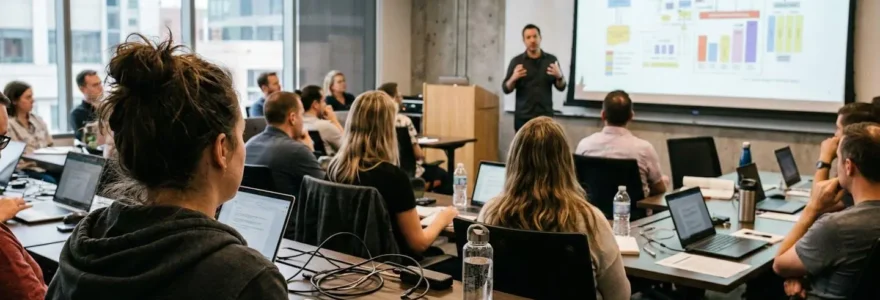 Un cadre vu de dos dans une salle de formation moderne, regardant une présentation sur écran avec d'autres participants en arrière-plan