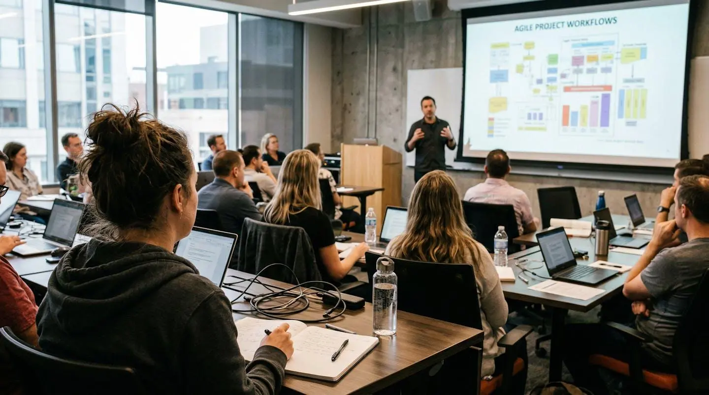 Un cadre vu de dos dans une salle de formation moderne, regardant une présentation sur écran avec d'autres participants en arrière-plan
