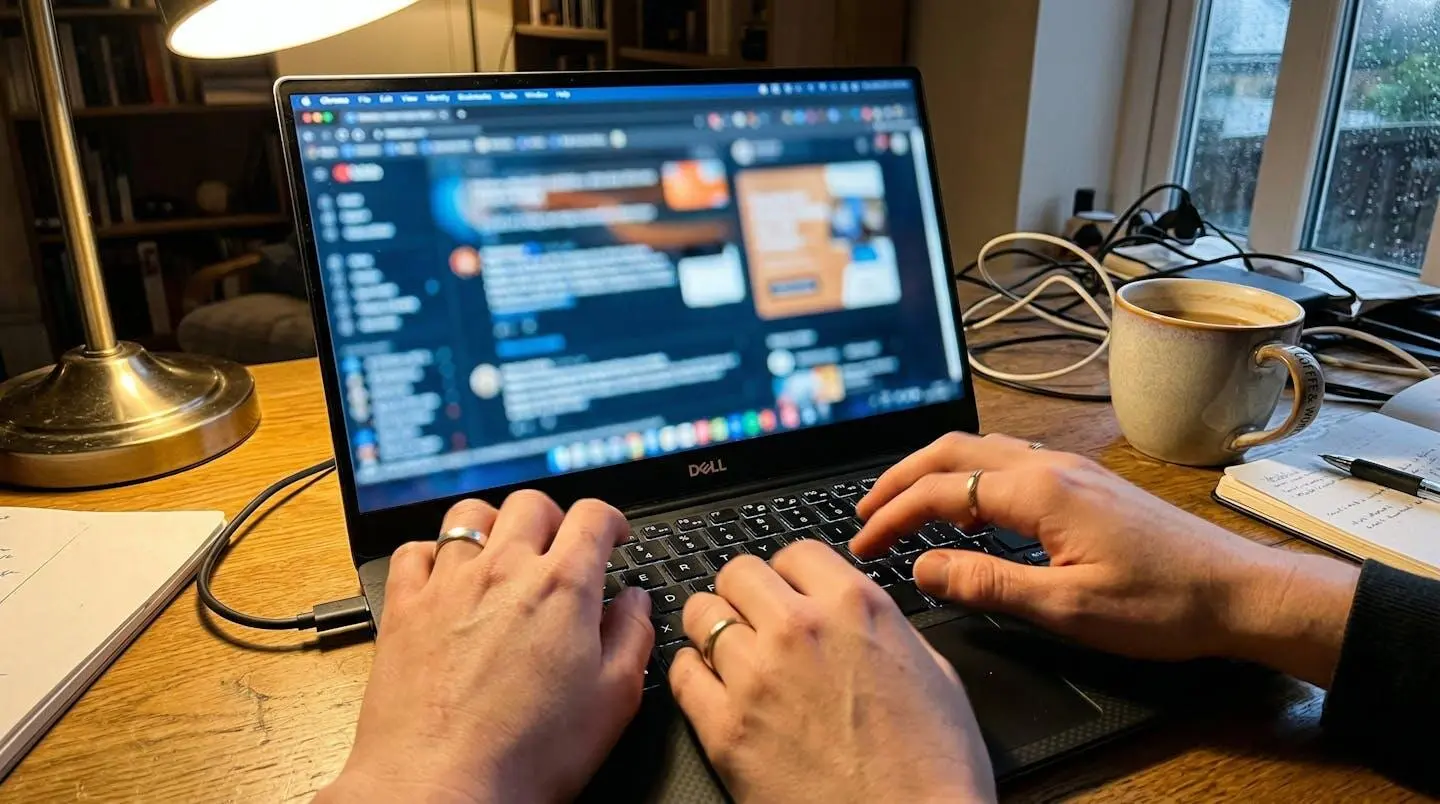 Mains d'un professionnel tapant sur un clavier d'ordinateur portable, écran flouté avec des graphiques, tasse de café à côté sur un bureau légèrement encombré