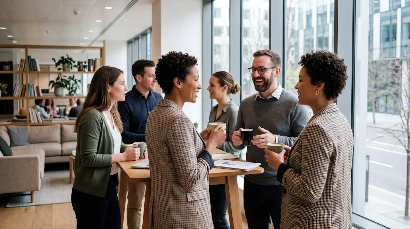 Groupe de professionnels en pause café lors d'une formation, discussion informelle avec sourires naturels, espace de pause moderne